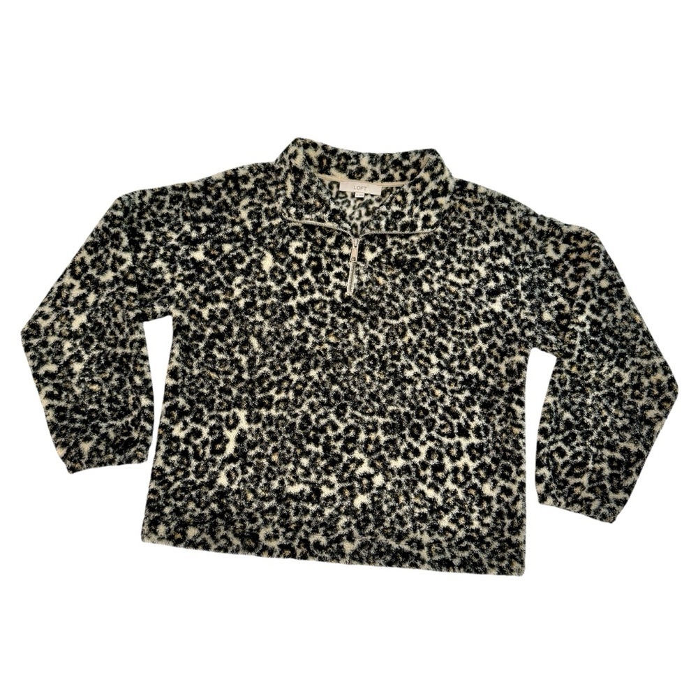 LOFT Leopard Print Soft Fleece Pullover Quarter Zip Black Cream Size M EUC